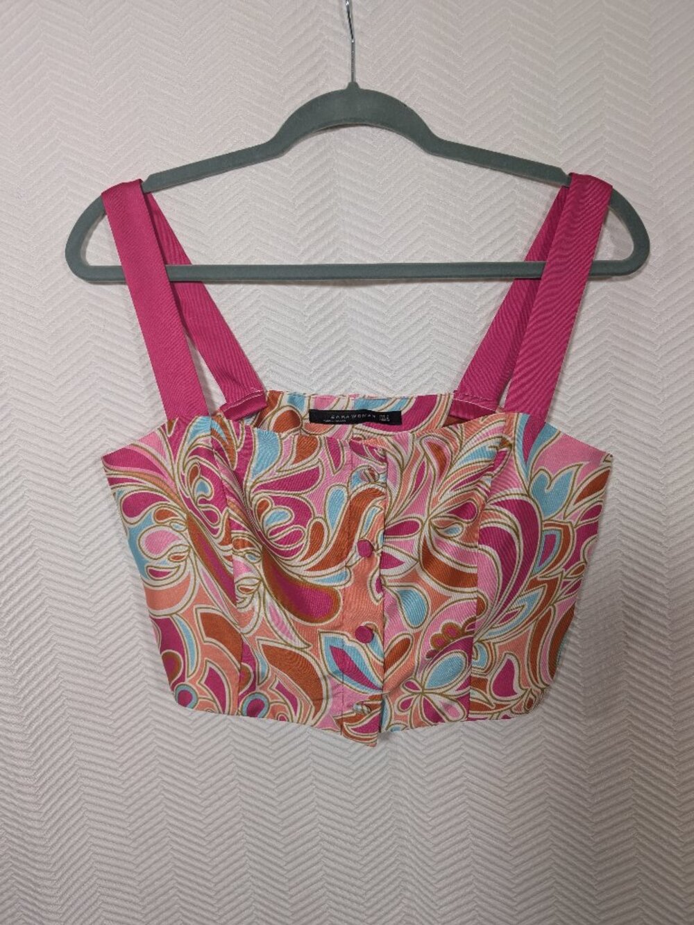 Zara Woman Paisley Satin Crop Top Pink Size Small Retro Style Boho Festival
